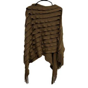Max Edition Ribbed Layered Fringe Knit Brown Poncho Wrap One Size